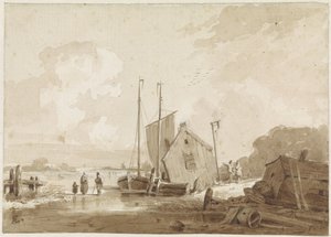 Vintervy med figurer vid båtar vid ett sjöbod av Adrianus Eversen