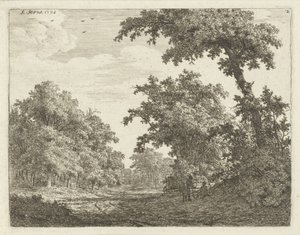 Vilande resenärer längs en väg i skogen av Adrianus Serné