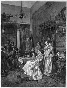 Amatörkonsert i en artists studio. Gravyr efter målningen av Adrien Moreau (1843-1906) i "The Illustrous Universe"" av Adrien (after) Moreau