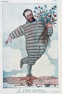Tecknad av Andre Michelin och Bibendum - Illustration av Adrien Barrere (1877-1931) i "Fantasio" från 1923-07-01
