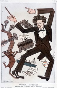 Tecknad av Arthur Honegger "Prince of the Fauves of Music", schweizisk kompositör (1892-1955) - av Barrère, i "" Fantasio""" från 1930-01-01 av Adrien Barrere