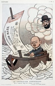 Tecknad film om den tyske förbundskanslern Gustav Stresemann (1878-1929) och märkets devalvering - Illustration av Adrien Barrere (1877-1931) i "" Fantasio""" av 1923-11-01