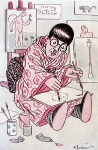 Tecknad serie som visar Tsuguharu Fujita, döpt Leonard Foujita, fransk målare av japanskt ursprung (1886-1968). Teckning av Barrere i Fantasio, 1927-04-01.