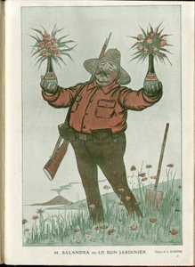 Illustration av A Barrere (1874-1931) i "" Fantasio""", 01/06/15 - Mr. Salandra or the Good Gardener - War of 14 -18, Italien, Vin, Neutralitet, Blommor, Vulkanutbrott, Ordförande för rådet, Trieste - Salandra Antonio av Adrien Barrere