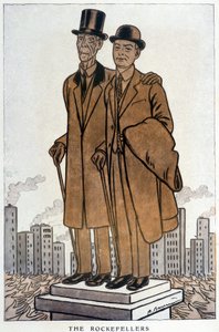 Les Rockefellers, senior och junior, amerikansk cresus - Illustration av Adrien Barrere (1877-1931) i "" Fantasio"" från 1930-03-01 av Adrien Barrere