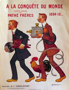 Affisch om bröderna Pathe: "A la conquete du monde"" Charles Pathe och hans bror Emile iförda fonografer och projektorer. Illustration av Adrien Barrere (1877-1931) Paris från 1900-talet, Arsenals bibliotek