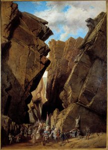 Fransk kolonisering av Algeriet: "" passagen av järnporten i Algeriet den 28/10/1839"" Den franska expeditionen, under befälet av hertigen av Orleans 1839, korsar passagen av Bibans. Målning av Adrien Dauzats (1804-1868) 1869 sön. 1,46x1,05 m Orlea