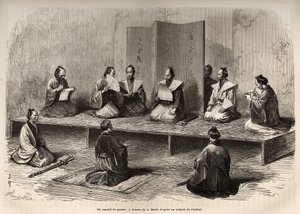 Ett krigsråd i Edo (nuvarande Tokyo), som samlar officerarna från taicounen (chefen för den temporala makten) för att möta ett uppror av daimios (eller daimyos: japansk adel) strax före meiji-restaureringen (1868), gravyr efter A.Maries av Adrien Emmanuel Marie