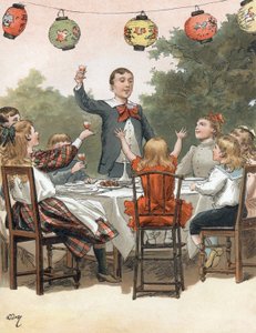 En ung pojke håller ett tal, barn klirrande glas, illustration av Adrien Marie i boken Tout a la joie av Zari, Emile Guerin publikation 1890 av Adrien Emmanuel Marie