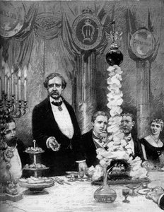 Bankett ges av den skandinaviska kolonin Paris för att hedra upptäcktsresanden Nils Adolf Erik (Eric) Baron Nordenskjold (Nordenskiold) (1832-1901) på Hotel Continental. Presenter är: Greve Kapnitz, Professor Nordenskjold, Prins Oscar av Sverige (1859-1953