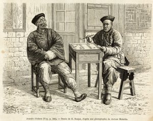 Schackspelare. Gravyr efter A.Maries teckning, för att illustrera resan till Pekin och norra Kina, av T.Choutze, 1873, publicerad i "" Le tour du monde""" 1876, redigerad av Edouard Charton, upplaga Hachette, Paris. Selva samling. av Adrien Emmanuel Marie