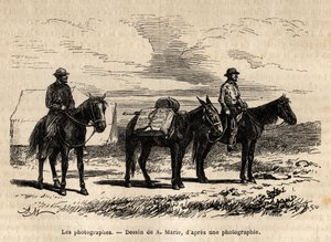 Fotografer från det amerikanska geologiska uppdraget, till häst, omsorgsfullt förpackat material redo för en ny scen, gravering efter teckningen av A.Marie, som illustrerar en uppsättning geografiska uppdrag genom USA:s nationalpark, från 1870 till 1872, av Adrien Emmanuel Marie