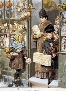 Stackars flicka som säljer små buketter vid utgången av en leksaksaffär dit rika människor kommer ut (shoppar till jul?) - teckning av Adrien Marie av Adrien Emmanuel Marie