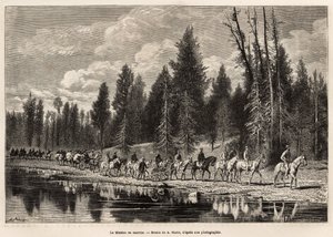 Hela det geografiska uppdraget, på väg till Mount Hayden, längs Henri River, graverat efter A.Maries teckning, som illustrerar en uppsättning geografiska uppdrag genom USA:s nationalpark, från 1870 till 1872, av herrarna Hayden, Doane och Langford, pu av Adrien Emmanuel Marie