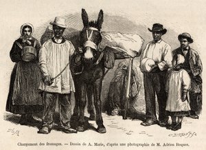 Lastningen av ostar på baksidan av en mula, mot Roqueforts källare, gravyr efter en teckning av A.Marie, illustrerande en resa till Roquefort och dess omgivningar, av Adrien Roques och Jules Charton, 1874, publicerad i "" Le tour du monde””” av Adrien Emmanuel Marie