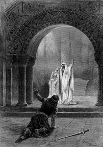 Teaterrepresentation: "" Garin"" av Paul Delair (1842-1894) med Henri Maubant (1821-1908) (Herbert), Adeline Dudlay (Aischa) och Jean Sully Mounet dit Mounet Sully (Mounet-Sully) (1841-1916) (Garin). Paris, Comedie Francaise