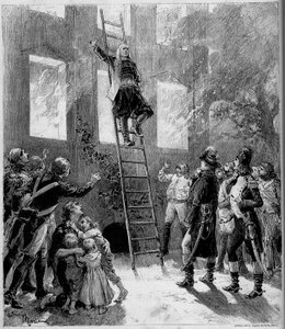 Teaterframställning: "" Nittiotre"" ("Nittiotre") av Paul Meurice (1818-1905) av Victor Hugo (1802-1885). The Fire of the Tourgue (10:e målningen): Marquis de Lantenac, efter att ha räddat livet på barnen i Flecharde, ger sig själv t av Adrien Emmanuel Marie