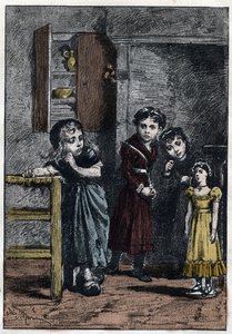 Thenardiers två döttrar, Eponine och Azelma, tittar på Cosette som fick dockan Catherine - Illustration av Adrien Marie (1848-1891) för "The miserables - Second part: Cosette" av Victor Hugo (1802-1885) 1862