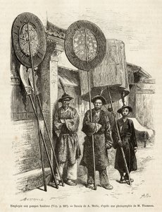 Tre begravningsarbetare i Pekin. Gravyr efter A.Maries teckning, för att illustrera resan till Pekin och norra Kina, av T.Choutze, 1873, publicerad i "" Le tour du monde""" 1876, redigerad av Edouard Charton, upplaga Hachette, Paris. Selva samling. av Adrien Emmanuel Marie
