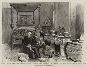 Victor Hugo och hans barnbarn Jeanne och Georges, en skiss i poetens arbetsrum av Adrien Emmanuel Marie