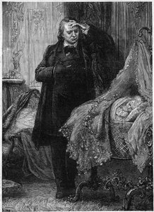 Victor Hugo observerar ett barn som sover i sin spjälsäng. Illustration av "History of a Crime" av Victor Hugo (1802-1885). Illustration av M. A. Marie