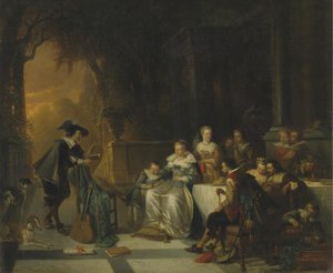 John Dryden läser en av sina dikter inför domstolen, 1869 av Adrien Ferdinand de Braekeleer