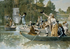 Serenade au Peer Trianon, illustration av en serenad till hyllning till drottning Marie Antoinette (1755-1793), före 1789, gravyr av Adrien Moreau (1843-1906)