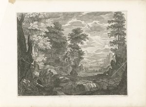 Vattenfall med en stad i bakgrunden Fyra landskap i Böhmen (serietitel) av Aegidius Sadeler (II) (attributed to)