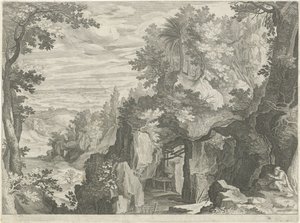 Bergslandskap med en eremit av Egidius  Sadeler (II)