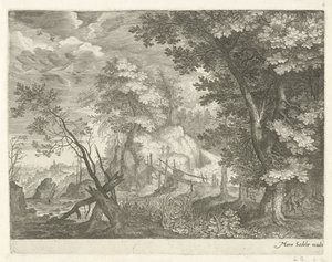 Skogslandskap med träbro Bergslandskap från Tyrolen (serietitel) av Egidius  Sadeler (II)