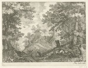 Skogslandskap med två jägare och en hund Bergslandskap från Tyrolen (serietitel) av Egidius  Sadeler (II)