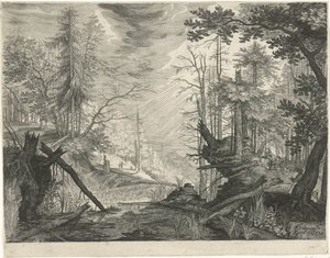 Tre jägare vid en flod i en skog Bergslandskap från Tyrolen (serietitel) av Egidius  Sadeler (II)