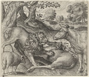 Fabel om lejonet, kon och fåren på jakt av Egidius  Sadeler (II)
