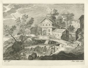 Värdshus och några hus vid en bro Landskap från Tyrolen (serietitel) av Egidius  Sadeler (II)