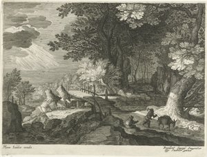 Träbro i ett skogslandskap Landskap från Tyrolen (serietitel) av Egidius  Sadeler (II)