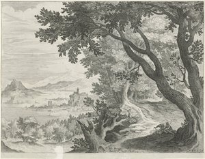 Landskap med två figurer under ett träd av Egidius  Sadeler (II)