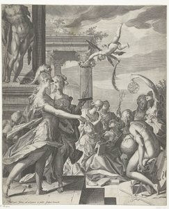 Minerva följer med måleriet till dess plats med vetenskaperna av Egidius  Sadeler (II)