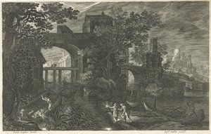 Nattscen med fiskare på en flod Åtta landskap i Böhmen (serietitel) av Egidius  Sadeler (II)