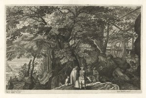 Flod med stenar och en vattenkvarn Åtta landskap i Böhmen (serietitel) av Egidius  Sadeler (II)