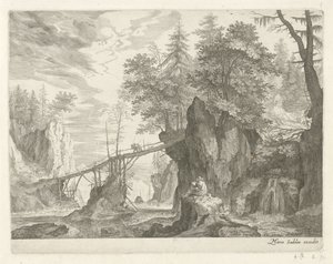 Ritare sitter på en sten framför en bro Bergslandskap från Tyrolen (serietitel) av Egidius  Sadeler (II)