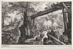Åtta bohemiska landskap: Landskap med stockbro över grå starr, ca. 1610-1615. av Aegidius Sadeler or Saedeler