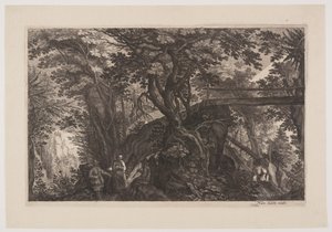 En skog med en träbro till höger, från Åtta scener från Böhmen av Aegidius Sadeler II