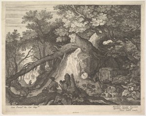 En man som håller en stav och sitter på en trädstam, med två getter på vardera sidan, surro..., ca. 1600.