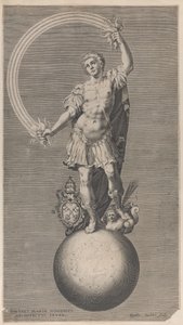 Allegorisk figur av en krigare stående på en jordglob med det påvliga vapnet a..., ca. 1588-1629.