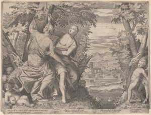 Angelica och Medoro, de står bredvid en bäck när Medoro ristar in sina namn i en tr..., 1590-98.