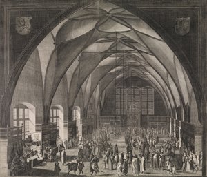 Interiörvy av Vladislav Hall på Pragborgen under den årliga mässan, 1607., 1607.