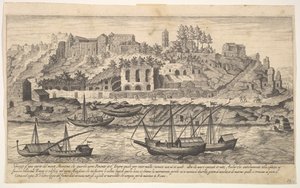 Skylt 21: utsikt från väster av ruinerna av Aventine Hill, Rom, med båtar på floden ..., 1606.