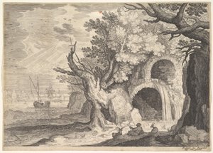 Förstörd akvedukt med vatten som rinner ut från den till en bäck nedanför, fartyg till havs bortom, en ..., ca. 1600.