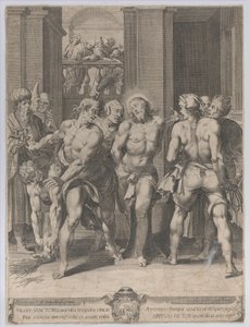 Kristi flagellation, med floggers på båda sidor och figurer som tittar på från en balkong..., 1593.
