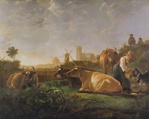 En avlägsen vy av Dordrecht med sovande boskapsskötare och fem kor ("The Small Dort"), ca 1650-52